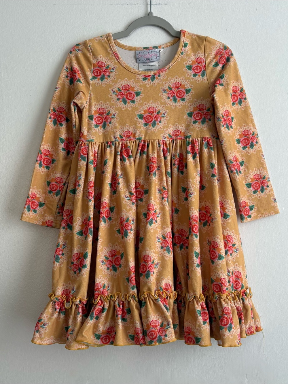Serendipity Clothing Co Girls 5 Yellow Floral A-Line Knit Long Sleeve Ruffle